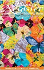 Colorful quilt patterns and magazine cover.