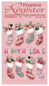 Basket of holiday ornaments and gifts.