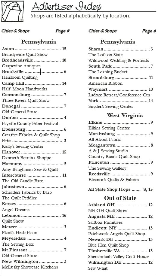 Advertiser index list by state and page.
